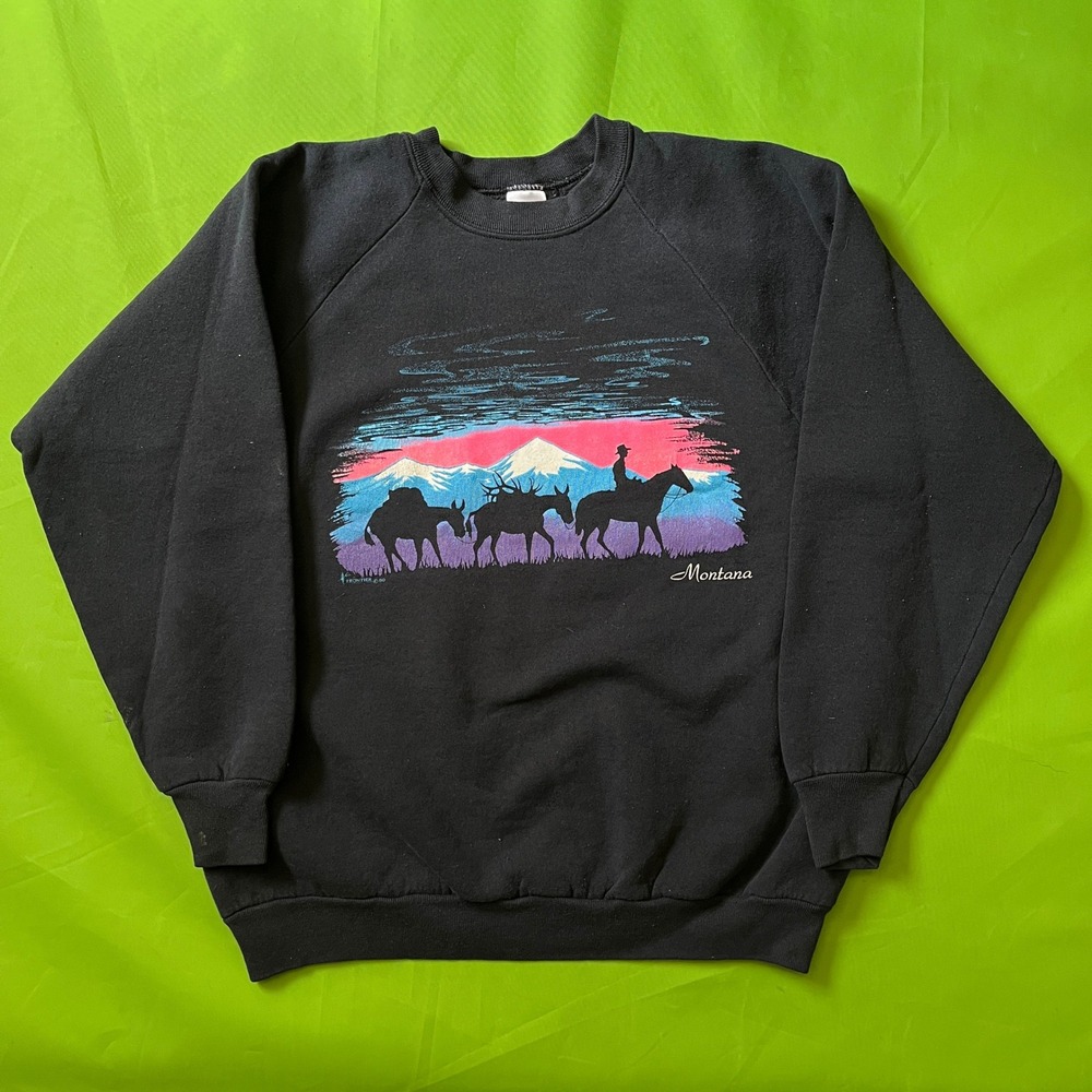 VTG Purple Montana Cowboy Horse Western Graphic Sweatshirt Black Large 90s USA - Picture 1 of 5